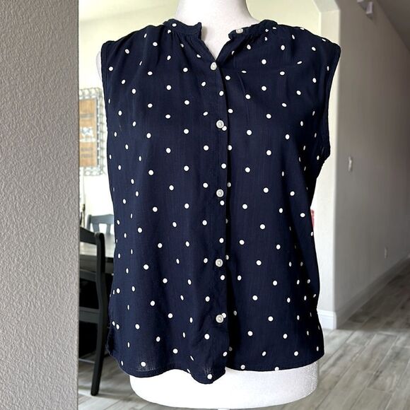Old Navy Blue Sleeveless Button Down White Polla Dots Cotton Viscose XS Nautic - Picture 1 of 10